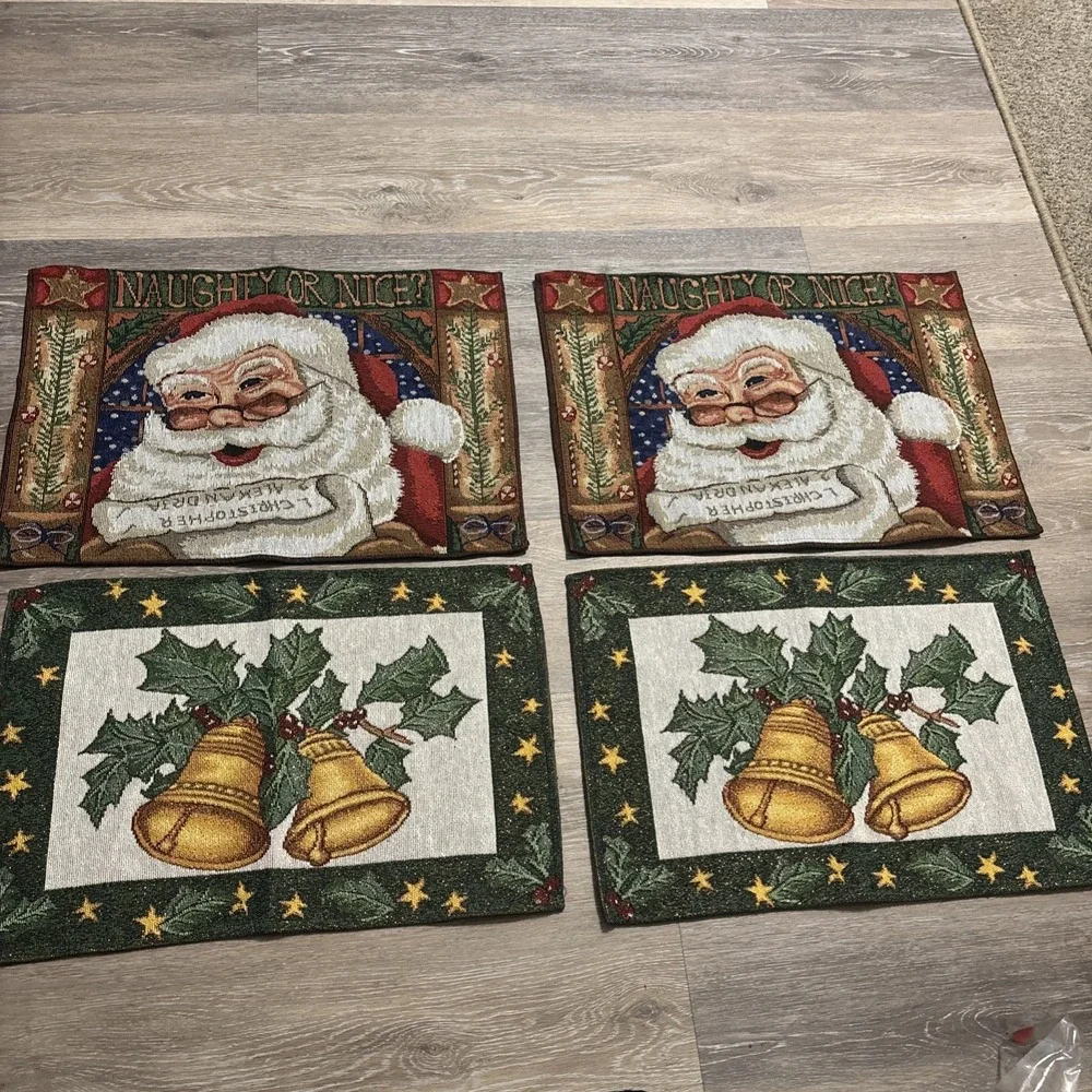Lot of 4 Christmas Tapestry Placemats 13x19 Santa Naughty Or Nice & Holly Bells